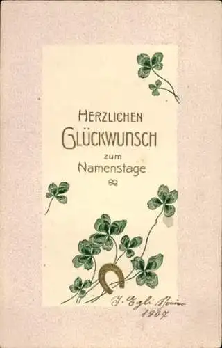 Präge Ak Glückwunsch Namenstag, Glücksklee, Hufeisen