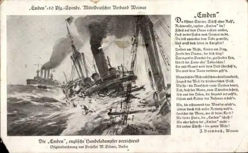 Künstler Ak Stöwer, Willy, Deutsches Kriegsschiff, SMS Emden, Kleiner Kreuzer, Gedicht