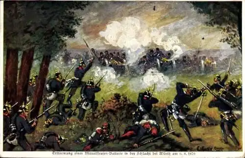 Künstler Ak Wœrth Wörth an der Sauer Bas Rhin, Schlacht 06 08 1870, Erstürmung Mitrailleusen Battr.