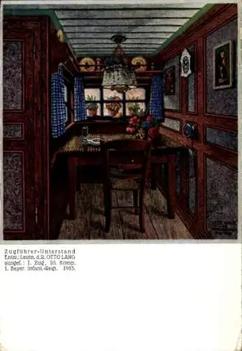 Künstler Ak Lang, O., Zugführer-Unterstand, 10. Kompagnie 1. Bayer. Infanterie-Regiment, 1915