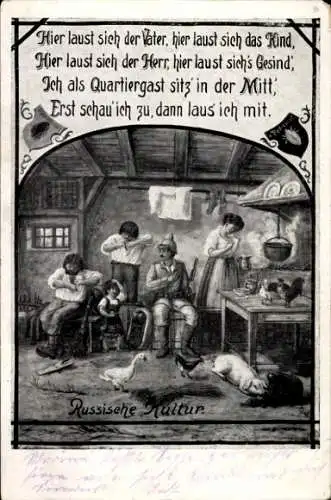 Künstler Ak Russische Kultur, deutscher Soldat in russischem Bauernhaus, Läuse