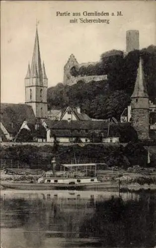 Ak Gemünden am Main im Kreis Main Spessart, Blick auf den Ort mit Scherenburg