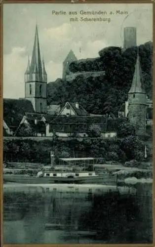 Ak Gemünden am Main im Kreis Main Spessart, Blick auf den Ort mit Scherenburg