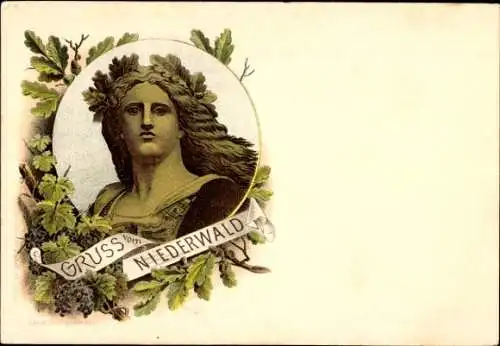 Litho Rüdesheim am Rhein, Niederwald Nationaldenkmal, Germania, Eichenlaub, Wein