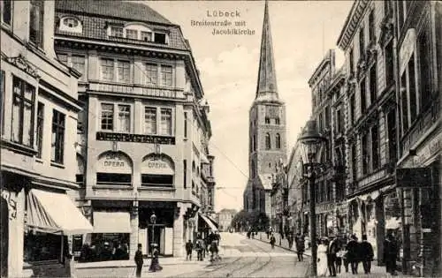 Ak Lübeck, Breite Straße mit Jacobikirche, Café Opera