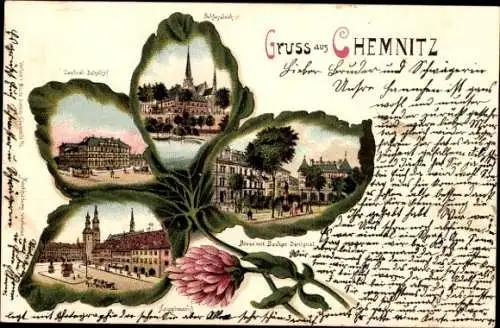 Kleeblatt Litho Chemnitz in Sachsen, Bahnhof, Hauptmarkt, Börse mit Becker-Denkmal, Schlossteich
