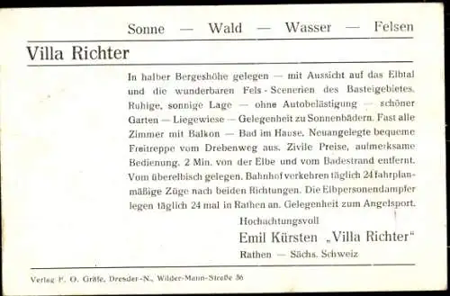 Ak Kurort Rathen im Elbsandsteingebirge, Teilansicht, Villa Richter, Inh. Emil Kürsten