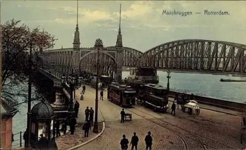 Ak Rotterdam Südholland Niederlande, Maasbrüggen, Straßenbahnen