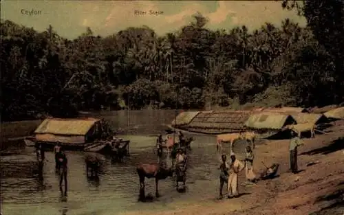 Ak Ceylon Sri Lanka, Einheimische am Fluss