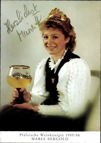 Ak Schauspielerin Maria Bergold, Portrait, Autogramm, Pfälzische Weinkönigin 1985/86, Weinglas