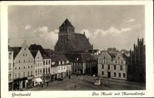 Ak Greifswald in Mecklenburg Vorpommern, Marktplatz, Marienkirche