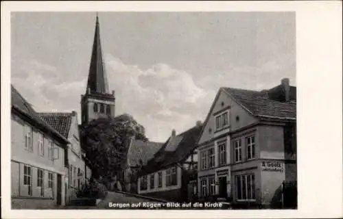 Ak Bergen auf Rügen, Kirche, Leder-Geschäft A. Gootz