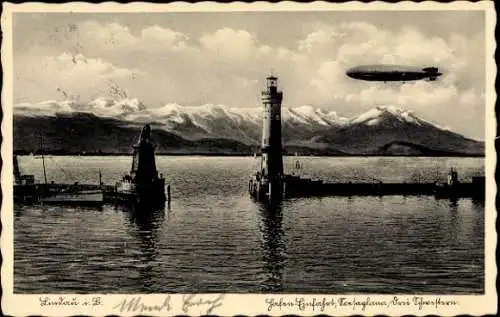 Ak Lindau am Bodensee Schwaben, Hafen, Leuchtturm, Zeppelin