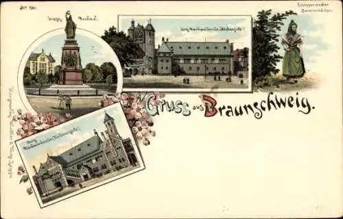 Litho Braunschweig in Niedersachsen, Siegesdenkmal, Burg Dankwarderode, Frau in Tracht
