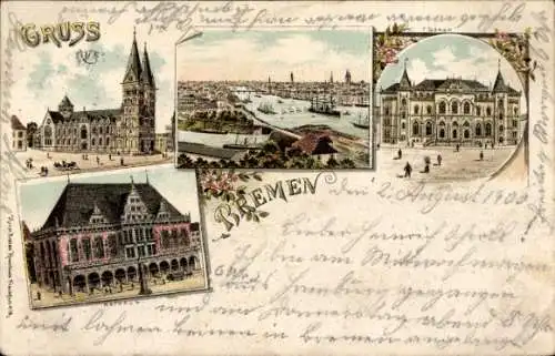 Litho Hansestadt Bremen, Börse, Dom, Rathaus, Totalansicht