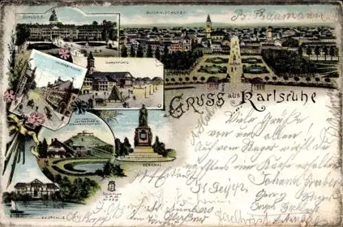 Litho Karlsruhe in Baden, Marktplatz, Kaiserstraße, Denkmal, Festhalle
