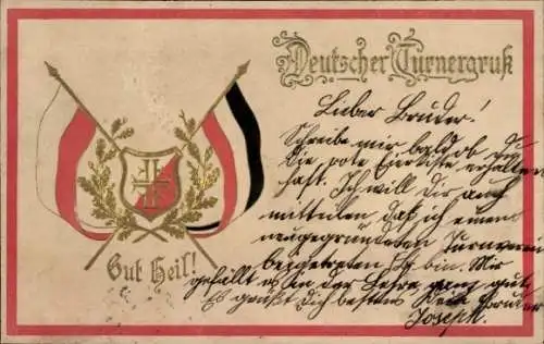 Präge Ak Deutscher Turnergruß, Gut Heil, Fahnen