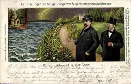 Litho König Ludwigs II. letzter Gang, Erinnerungen an den König und seine Schlösser