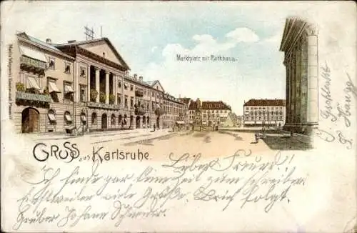 Litho Karlsruhe in Baden, Marktplatz, Rathaus