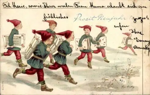 Litho Glückwunsch Neujahr, Kinder mit Briefen, Post, Rote Mützen