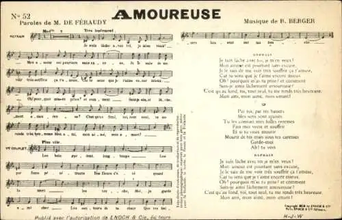 Lied Ak Amoureuse, Text M. de Feraudy, Musik R. Berger