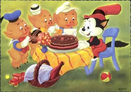 Künstler Ak Walt Disney, Die drei kleinen Schweinchen, Wölfchen, Geburtstagskuchen