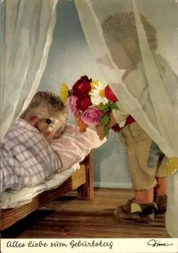 Ak Mecki der Igel, Alles Liebe zum Geburtstag, Blumenstrauß, schlafende Igelfrau