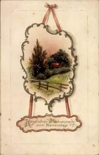 Präge Ak Glückwunsch Namenstag, Landschaftsidylle