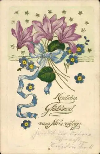 Litho Glückwunsch Namenstag, Blumen, Schleife, Sterne