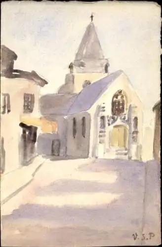 Handgemalt Künstler Ak Kirche, Straße, Haus