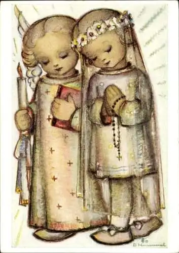 Künstler Ak Hummel, Berta, Betende Engel und Kind, Kerze, Rosenkranz