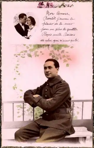 Ak Französischer Soldat in Uniform, Soldatenliebe