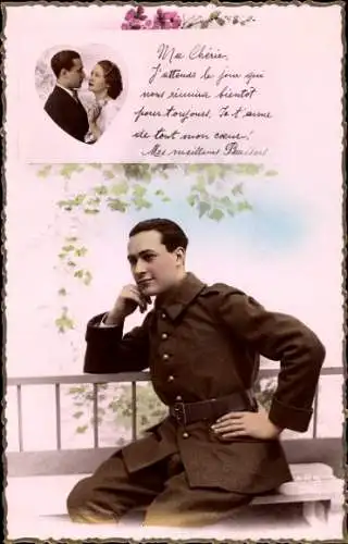 Ak Französischer Soldat in Uniform, Soldatenliebe, Liebespaar