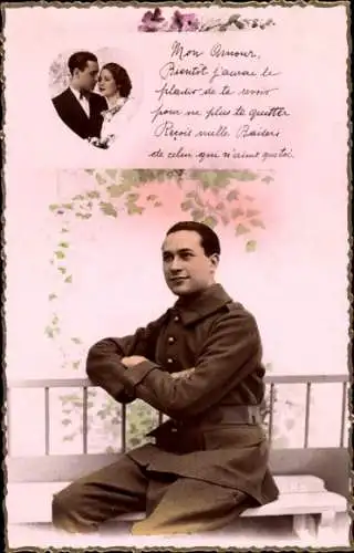 Ak Französischer Soldat in Uniform, Soldatenliebe, Liebespaar