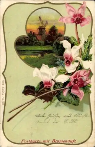 Präge Litho Windmühle, Sonnenuntergang, Alpenveilchen, Blumenduft