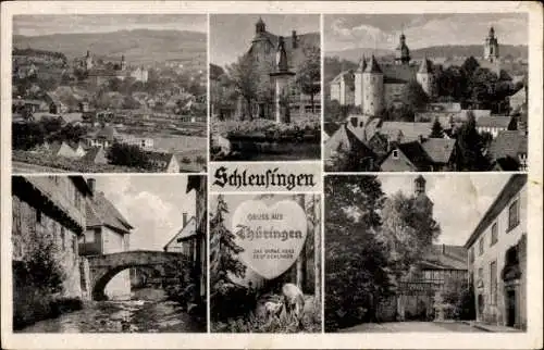 Ak Schleusingen in Thüringen, Totalansicht, Teilansichten, Kirchtürme, Brücke