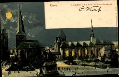 Ak Essen im Ruhrgebiet, Burgplatz, Kaiser Wilhelm-Denkmal, Kirchturm, Nachtansicht