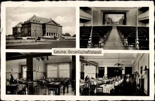 Ak Leuna an der Saale, Gesellschaftshaus, Außenansicht, Innenräume, Saal