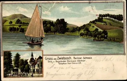 Litho Zwiebusch Gosen Neu Zittau in Brandenburg, Berliner Schweiz, Segelboot