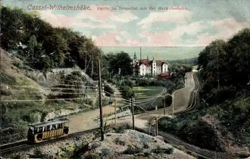 Ak Bad Wilhelmshöhe Kassel in Hessen, Partie im Druseltal mit der Herkulesbahn