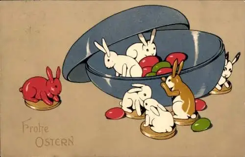 Ak Glückwunsch Ostern, Hasen und Ostereier