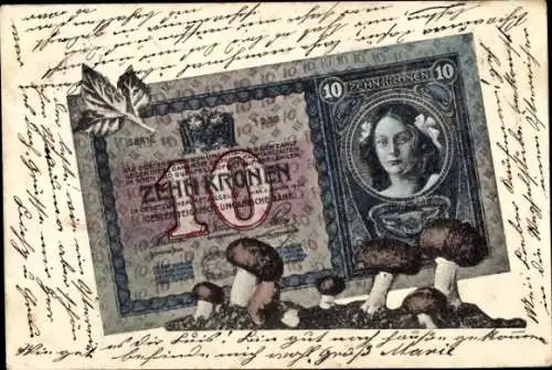 Ak Österreich, Geldschein, 10 Kronen, Pilze