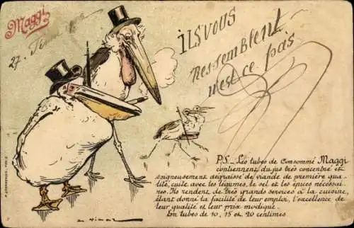 Litho  Maggi Werbung, Pelikane als Männer mit Zylindern, Störche