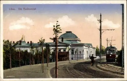 Ak Liepaja Libau Lettland, Badeanstalt, Straßenbahn