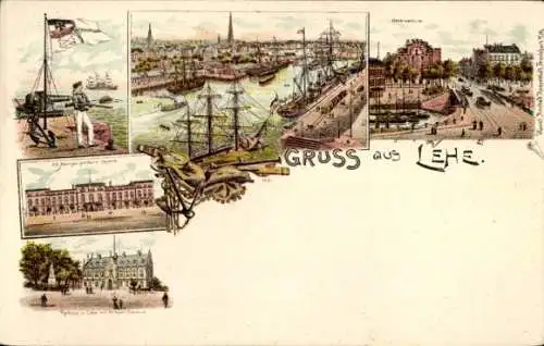 Litho Lehe Bremerhaven, Hafen, Matrosen-Artillerie-Kaserne, Rathaus, Kriegerdenkmal