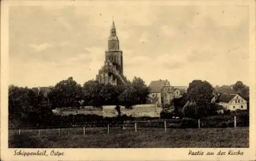 Ak Sępopol Schippenbeil Ostpreußen, Teilansicht, Kirche