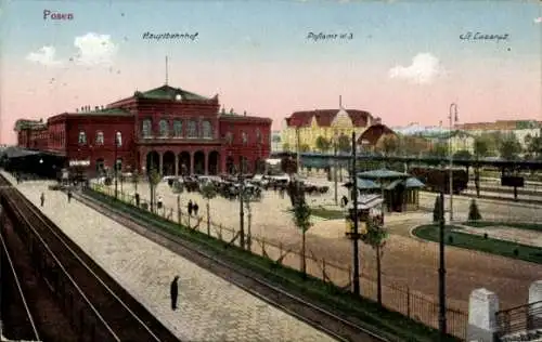 Ak Poznań Posen, Hauptbahnhof, Gleisseite, St. Lazarus, Postamt