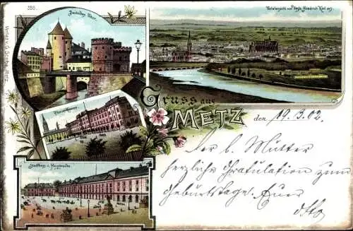 Litho Metz Moselle, Deutsches Tor, Totalansicht von der Friedrich Karl Veste, Pionierkaserne