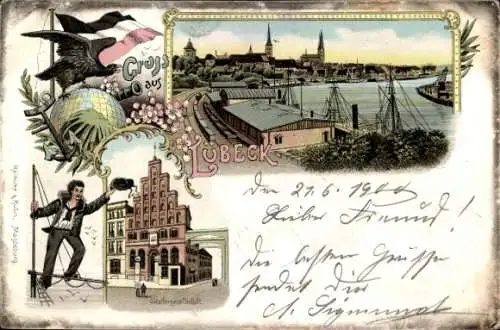 Litho Hansestadt Lübeck, Ortsansicht, Schiffergesellschaft, Seemann, Fahne