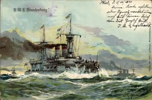 Präge Künstler Litho Stöwer, Willy, Deutsches Kriegsschiff, SMS Brandenburg, Linienschiff